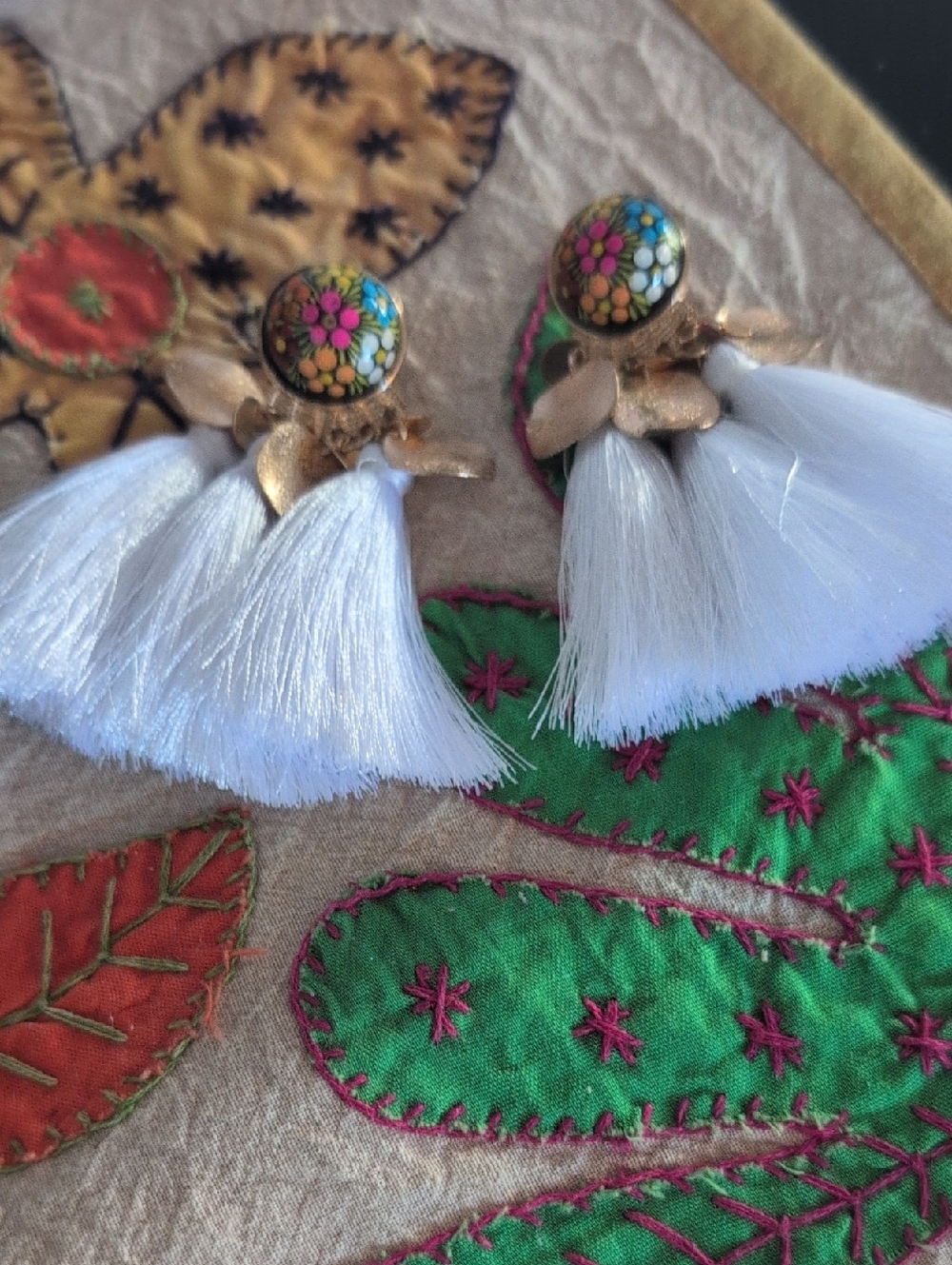 Colorful Floral Disc White Tassel Earrings